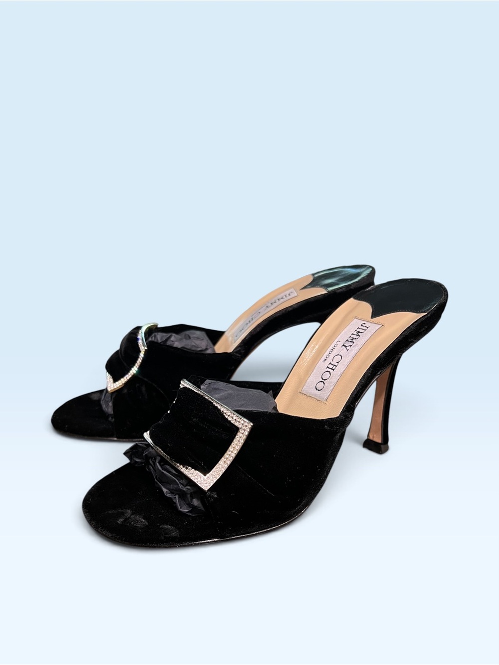 Jimmy Choo Black Velvet Rhinestone-Trim Slide Mules - Picture 14 of 16